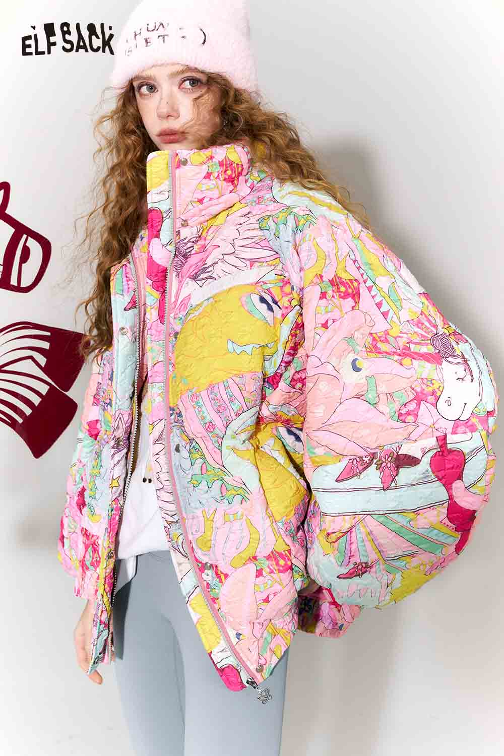 ELFSACK Playful Loose Original All Over Graphic Lapel Bomber Down Jacket
