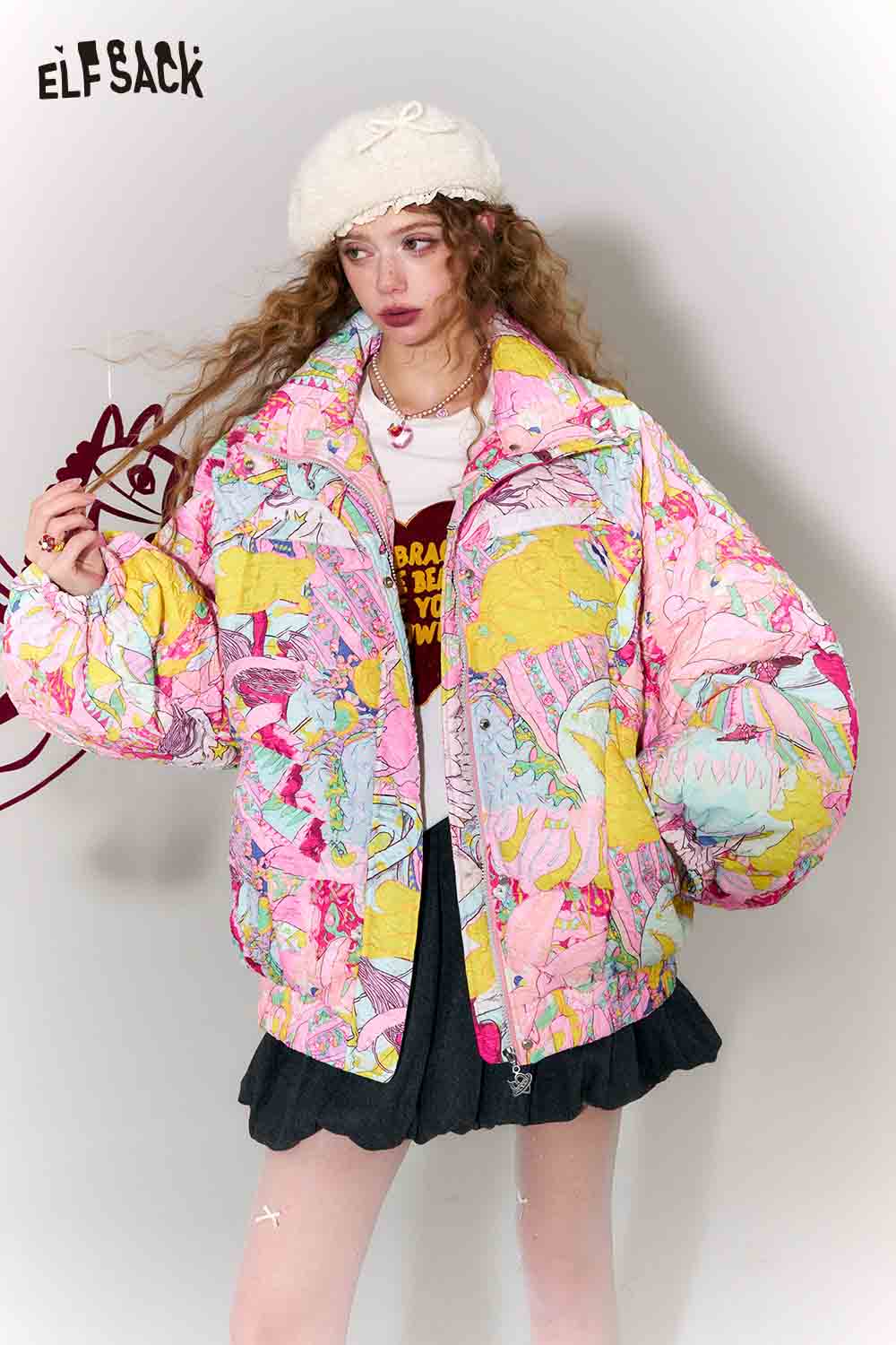 ELFSACK Playful Loose Original All Over Graphic Lapel Bomber Down Jacket