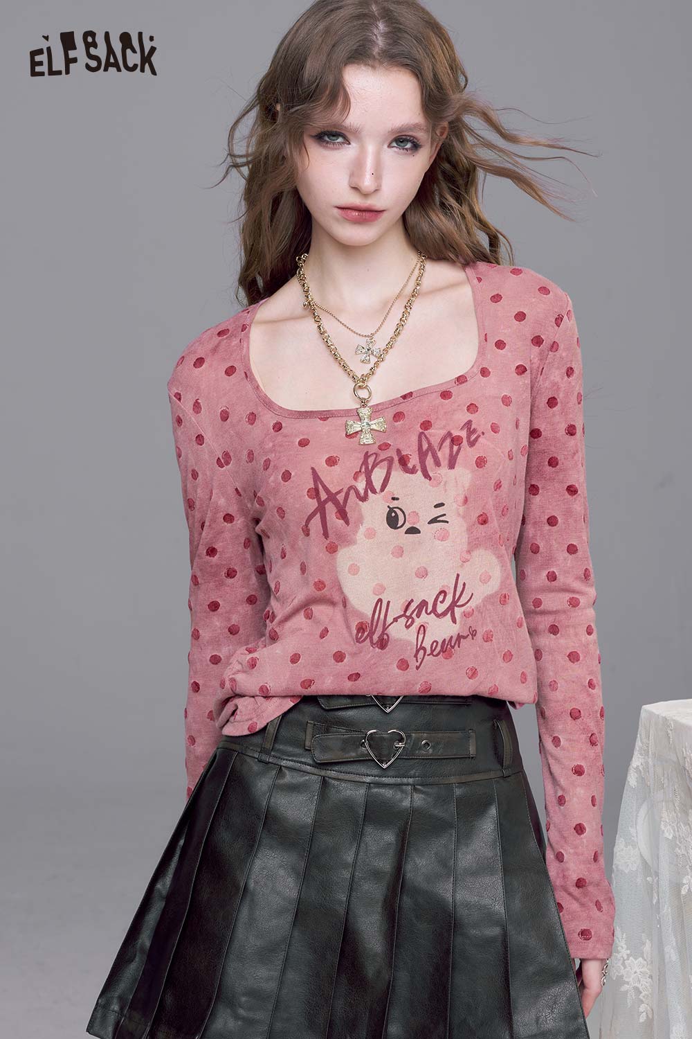 ELFSACK Breathable Cotton Blend Polka Dot Pattern Playful Graphic Print Tee
