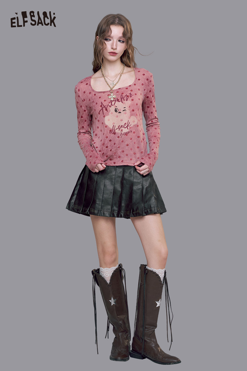 ELFSACK Breathable Cotton Blend Polka Dot Pattern Playful Graphic Print Tee