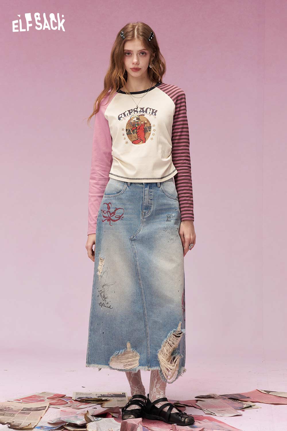ELFSACK Playful Long Sleeve T Shirt with Contrast Color Patchwork Sleeves