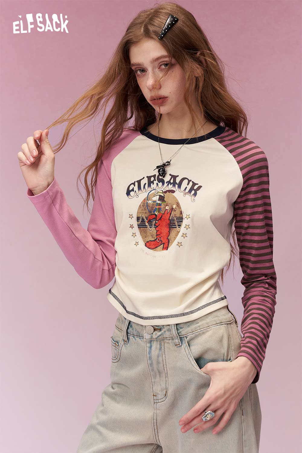 ELFSACK Playful Long Sleeve T Shirt with Contrast Color Patchwork Sleeves