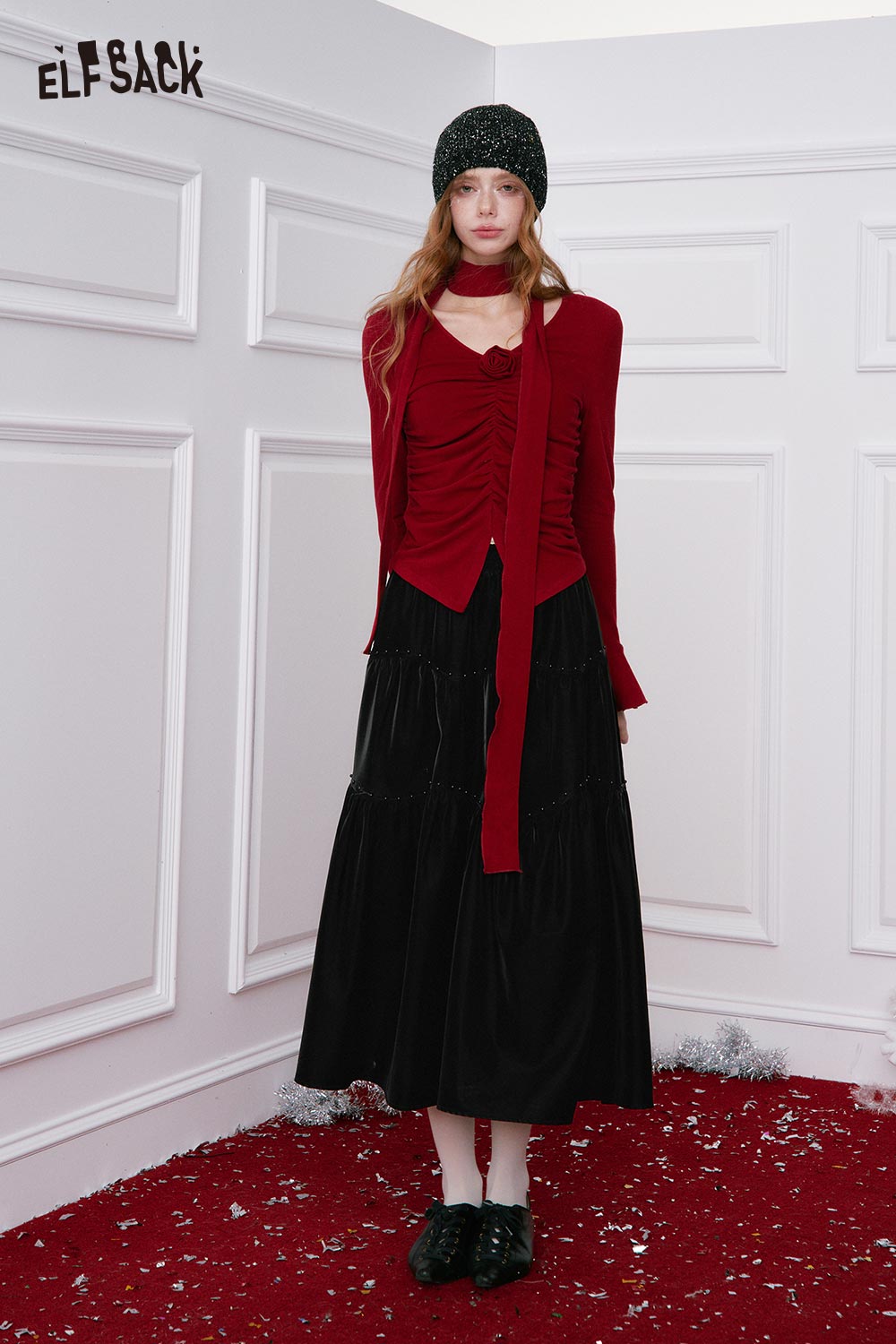 ELFSACK Minimalist Solid Pleated PU Leather Maxi Flare Skirt