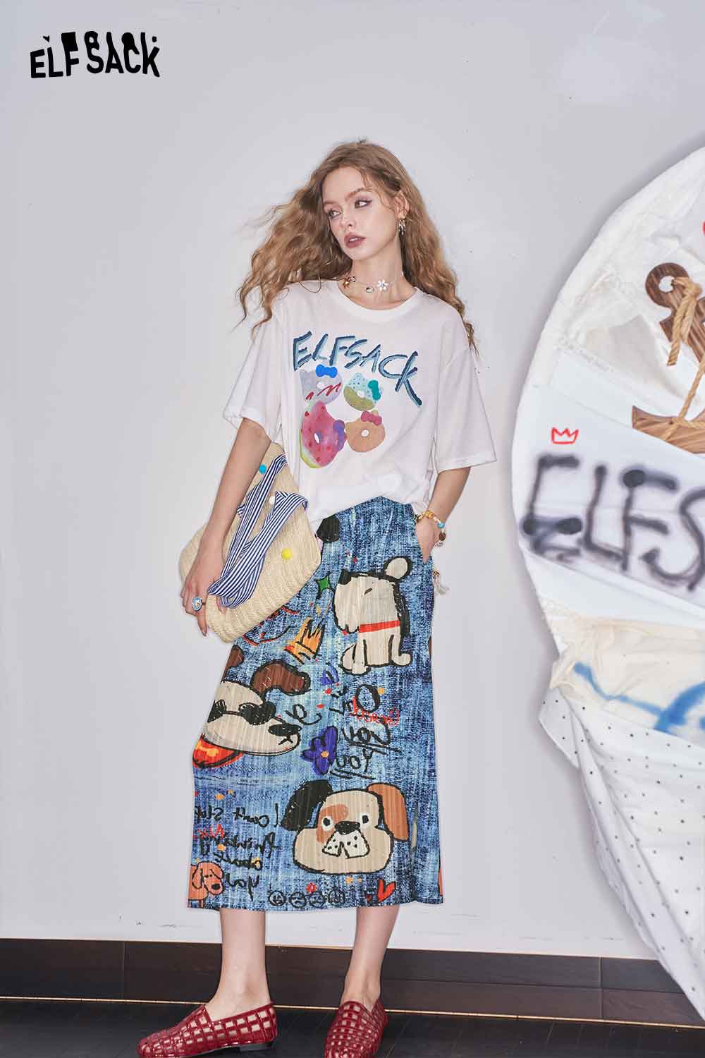 ELFSACK Pleated Versatile High-Waist Cartoon Print Skirt