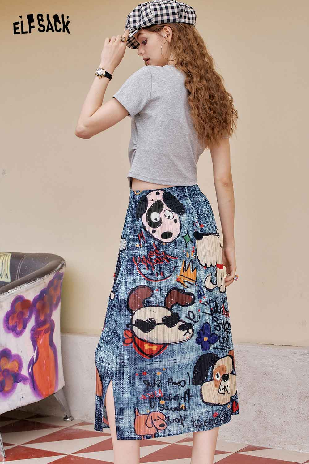 ELFSACK Pleated Versatile High-Waist Cartoon Print Skirt