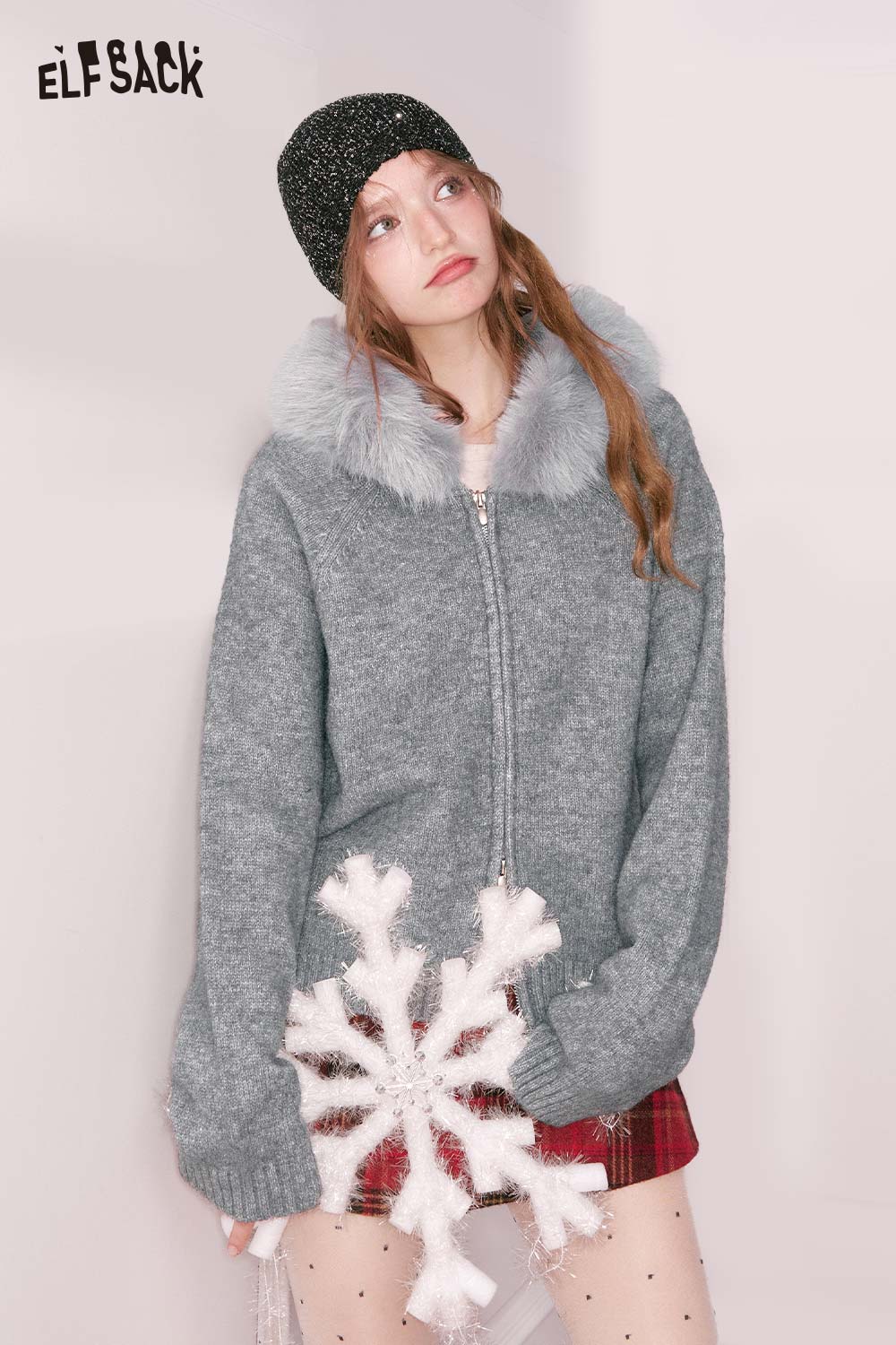 ELFSACK Casual Solid Plush Collar Zip Front Sweater