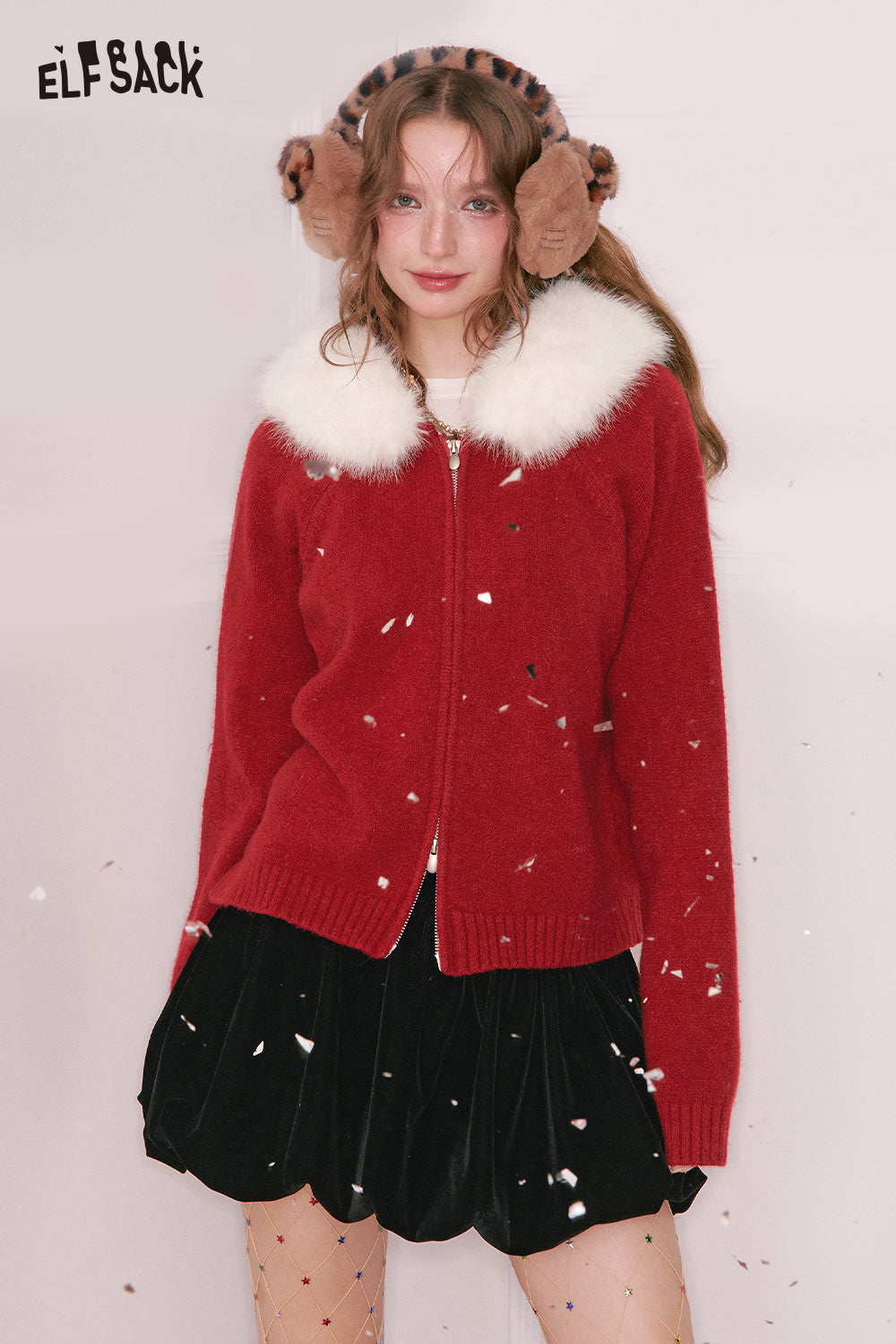 ELFSACK Casual Solid Plush Collar Zip Front Sweater