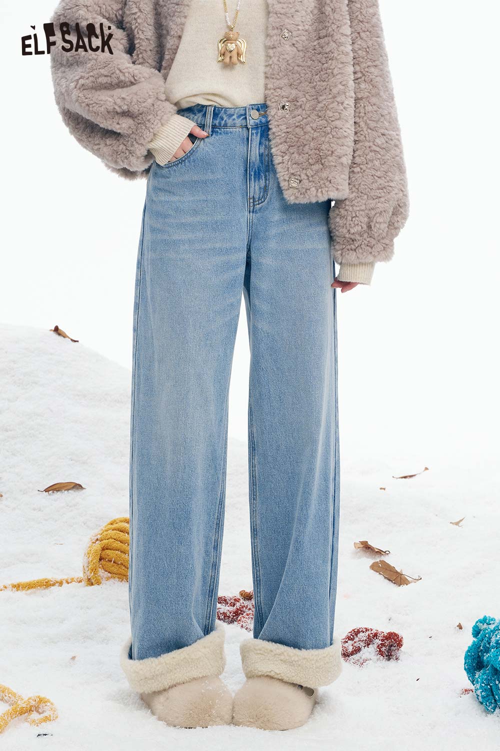 ELFSACK Soft Casual Classic Solid Plush Cuff Straight Floor Length Jeans