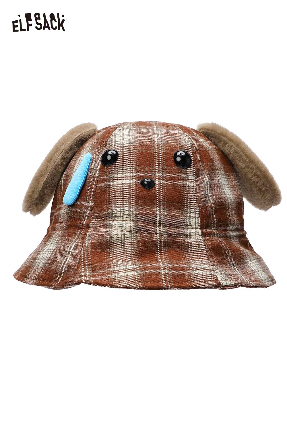 ELFSACK Nylon Movable Plush Ear Detail Tartan Pattern Bucket Hat