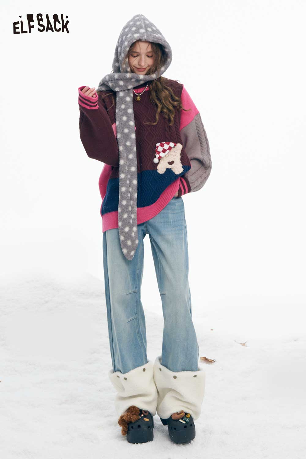 ELFSACK Plush Hem Patchwork Straight Jeans