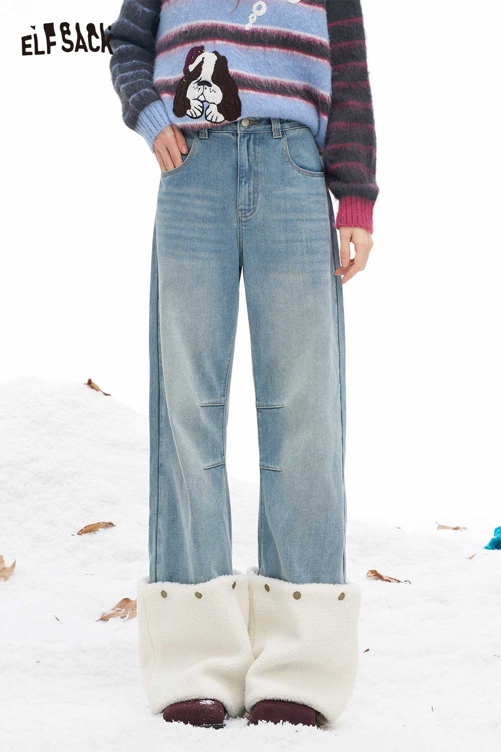 ELFSACK Plush Hem Patchwork Straight Jeans