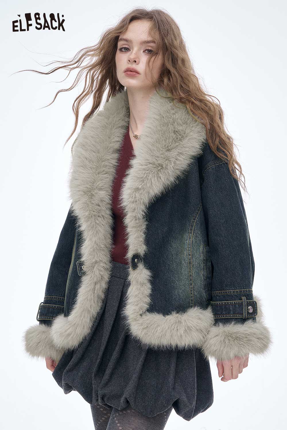 ELFSACK Soft Premium Plush Trim Plush Lapel Denim Color Coat