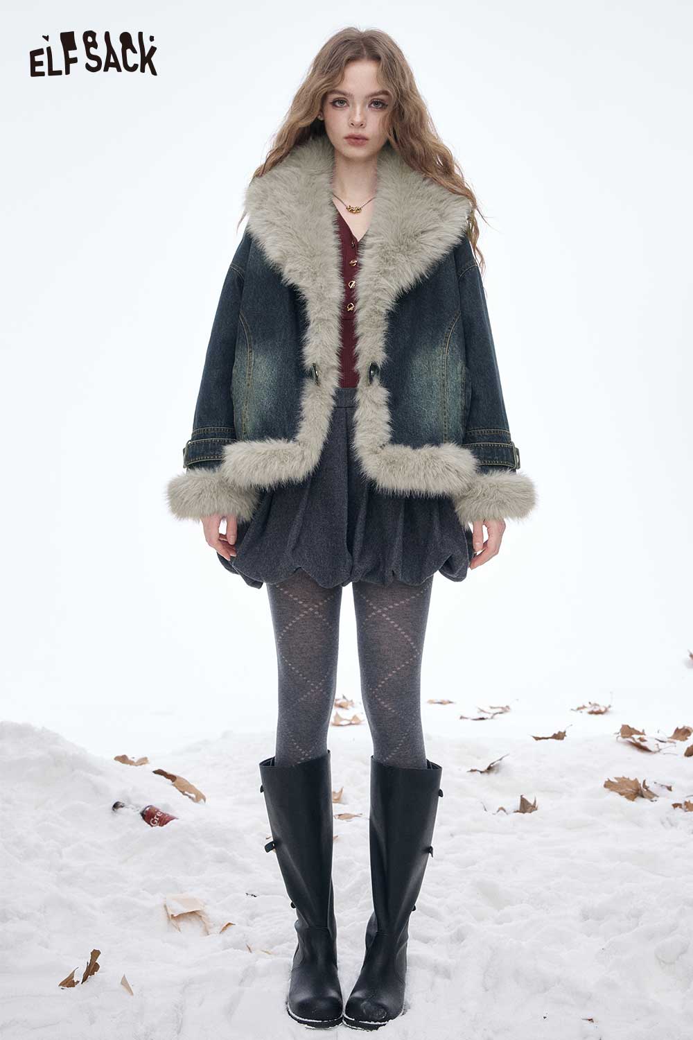 ELFSACK Soft Premium Plush Trim Plush Lapel Denim Color Coat