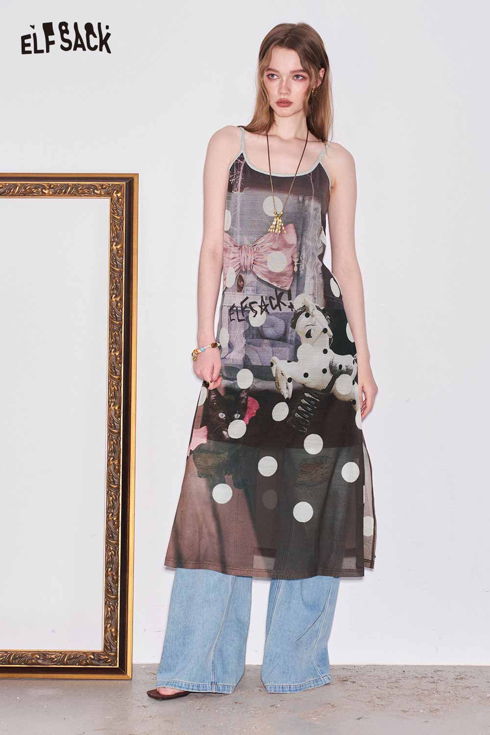 ELFSACK Polka Dot Cat Print Slip Dress
