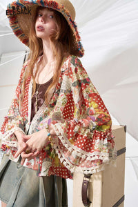 ELFSACK Polka Dot Floral Patchwork Chiffon Blouse