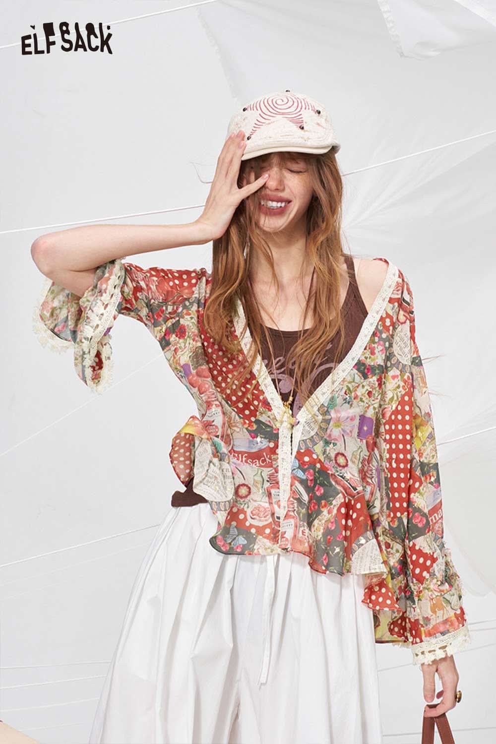ELFSACK Polka Dot Floral Patchwork Chiffon Blouse