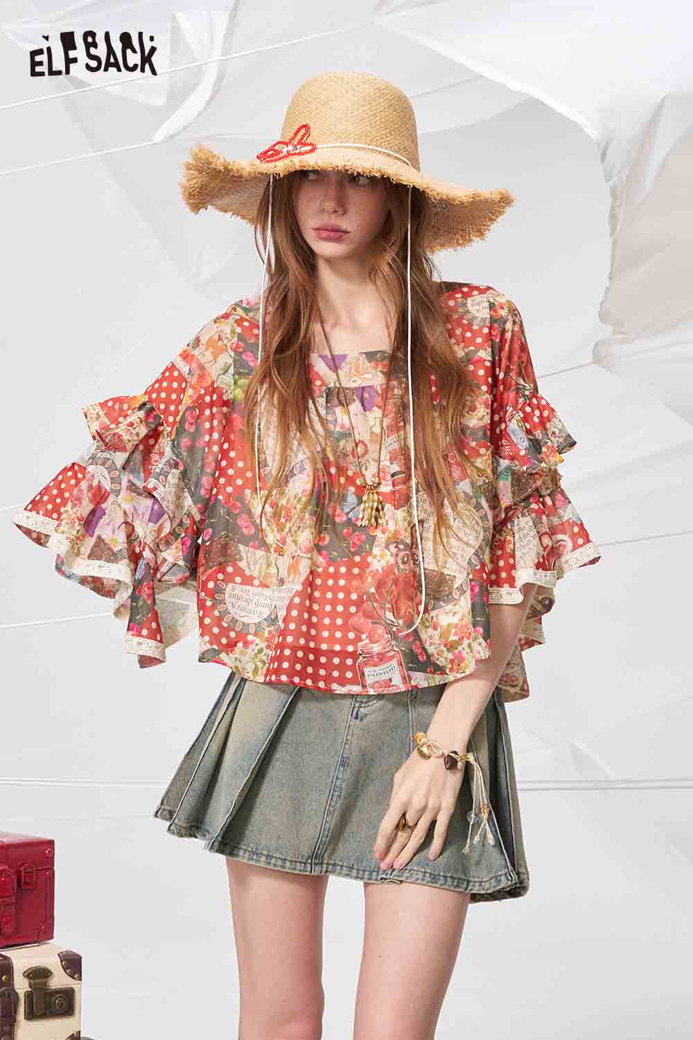ELFSACK Polka Dot Floral Print Chiffon Blouse