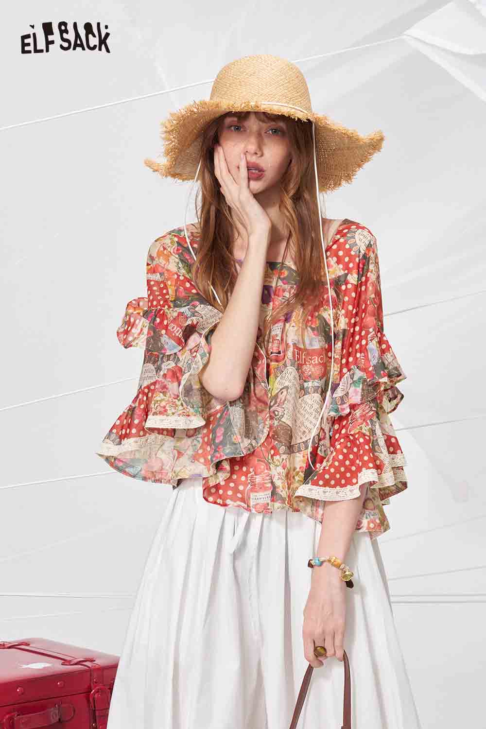 ELFSACK Polka Dot Floral Print Chiffon Blouse