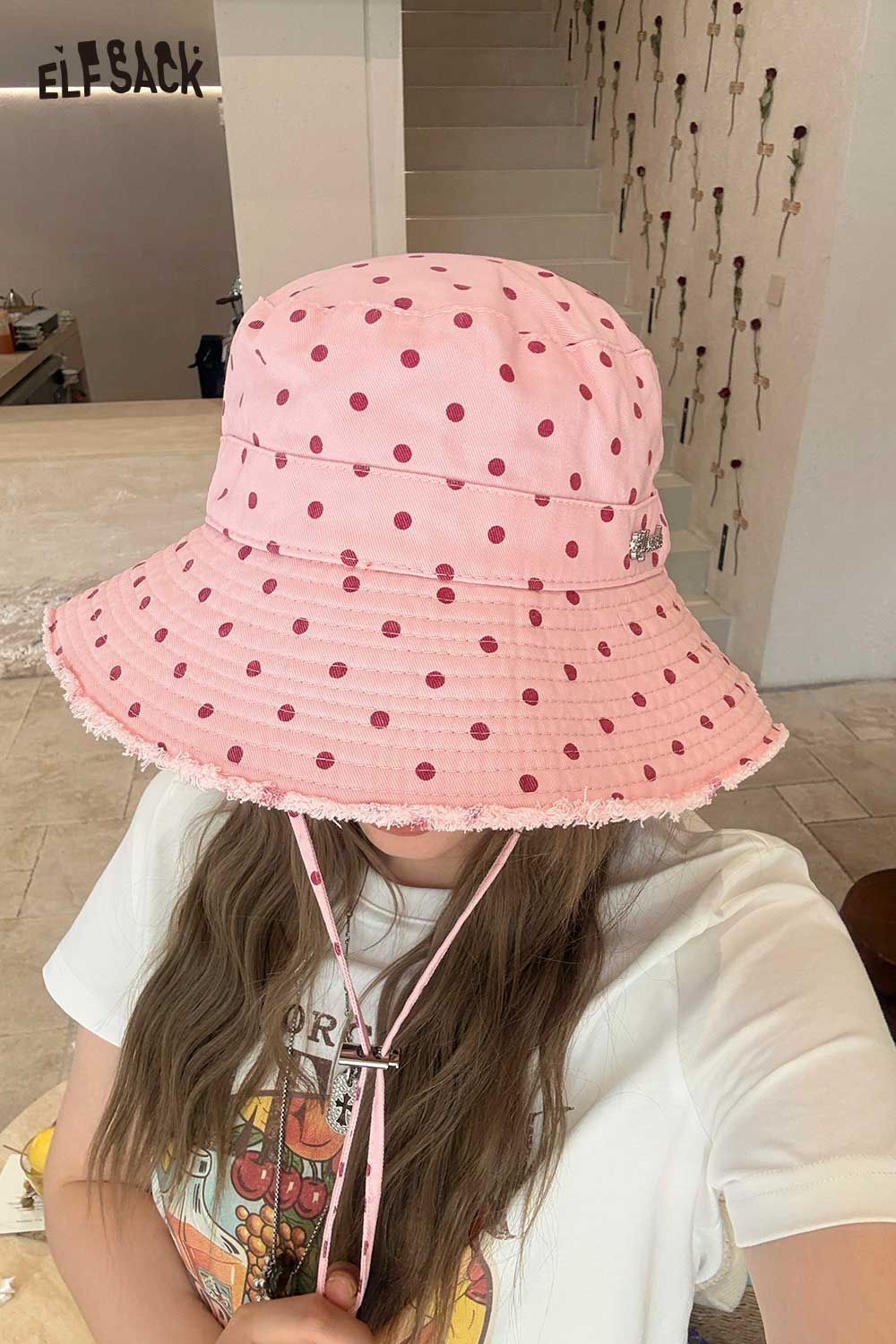 ELFSACK Polka Dot Frayed Bucket Hat