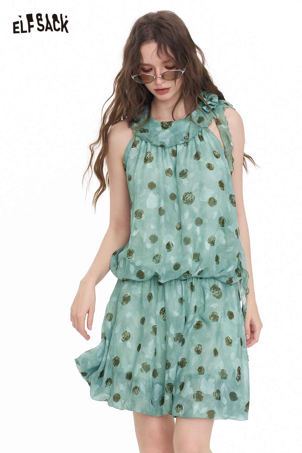 ELFSACK Polka Dot Halter Dress with Rose Ribbon