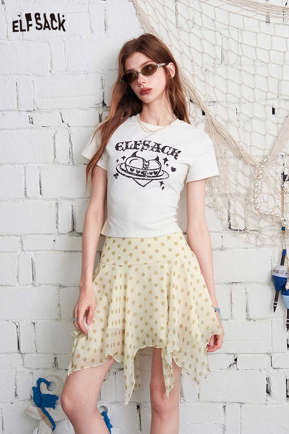 ELFSACK Polka Dot Irregular Hem High-Waisted Skirt