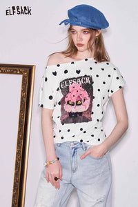 ELFSACK Polka Dot Off Shoulder Cat Graphic Tee
