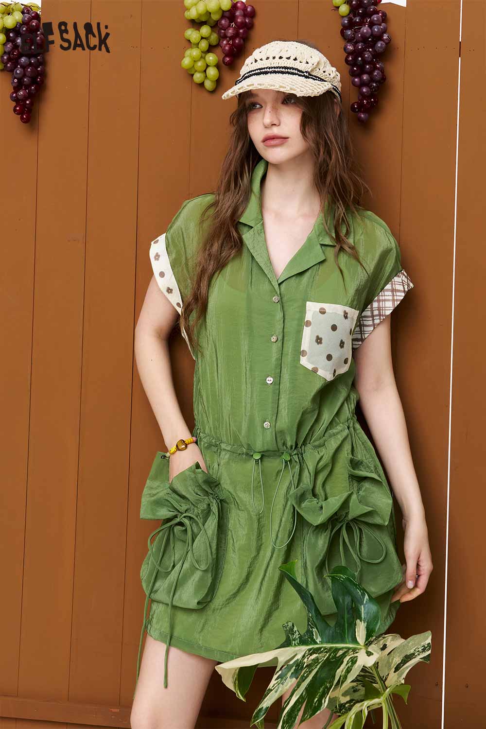 ELFSACK Polka Dot Plaid Print Utility Dress