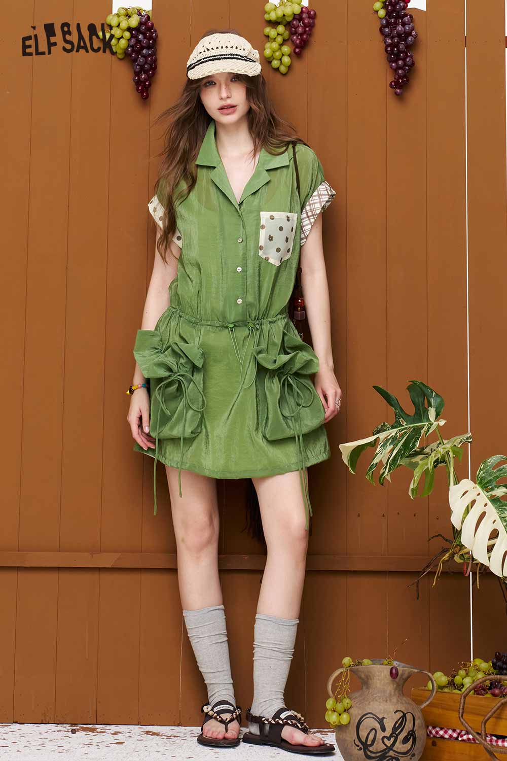 ELFSACK Polka Dot Plaid Print Utility Dress