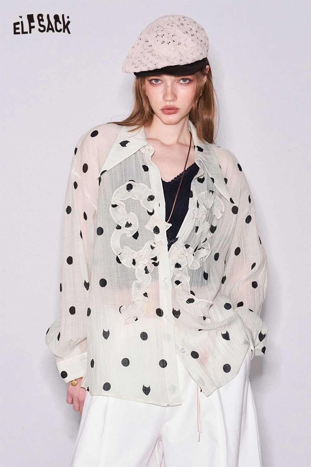 ELFSACK Polka Dot Ruffle Point Collar Shirt