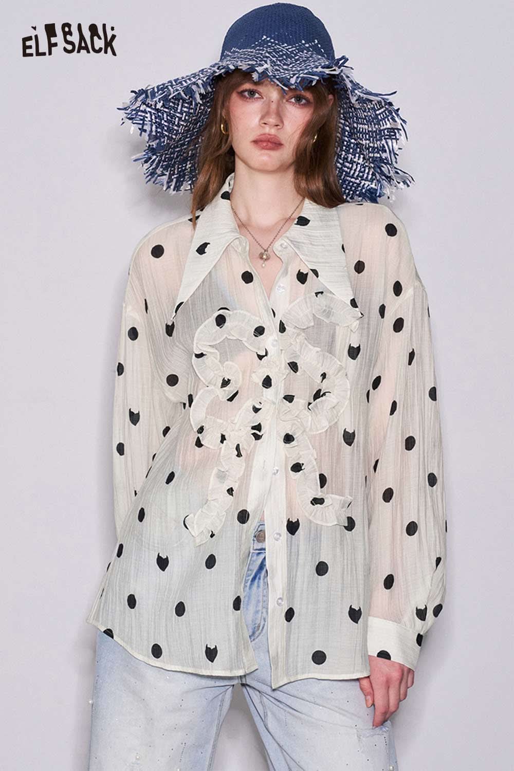 ELFSACK Polka Dot Ruffle Point Collar Shirt