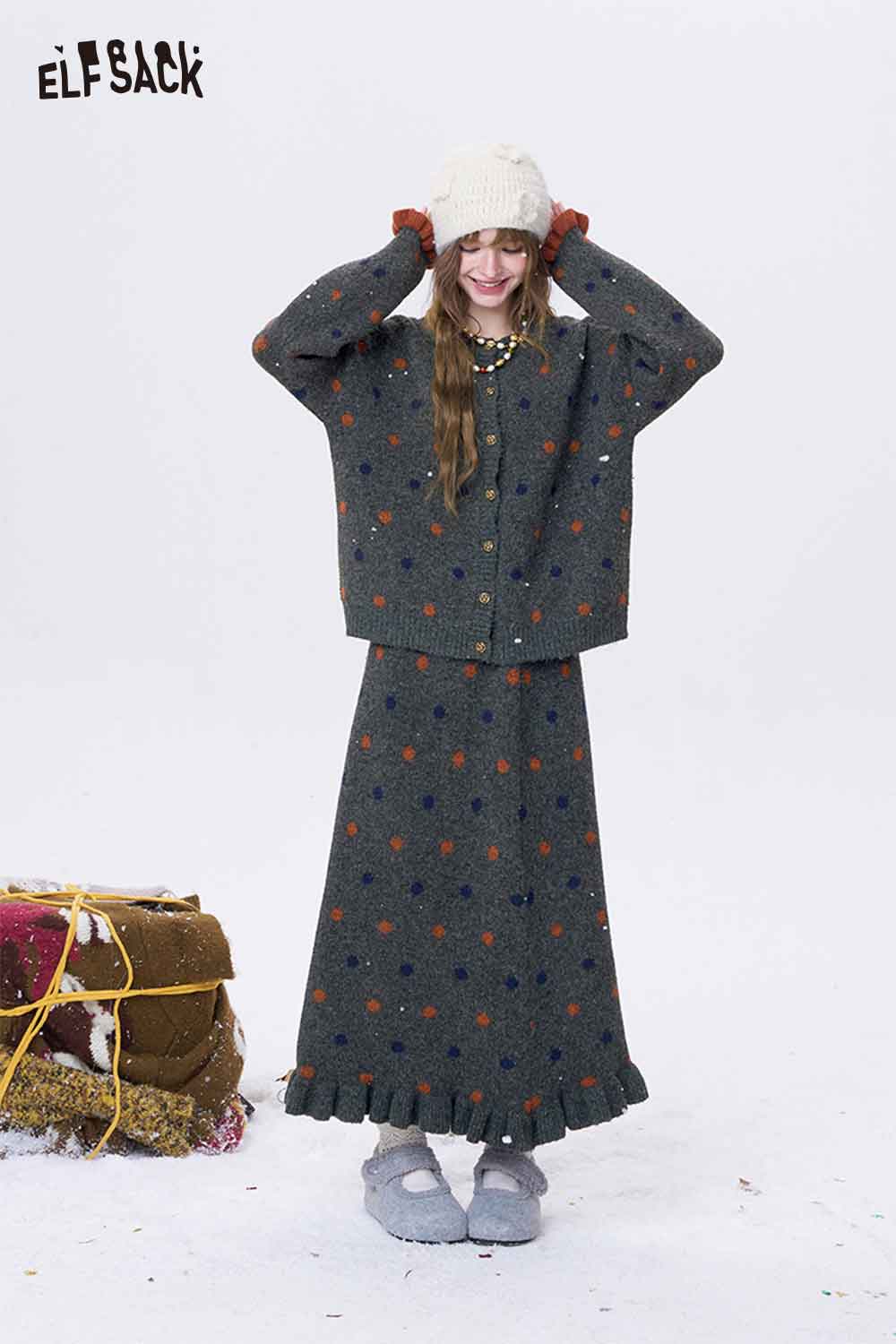 ELFSACK Polka Dot Print Single Breasted Button Round Neck Skirt Set