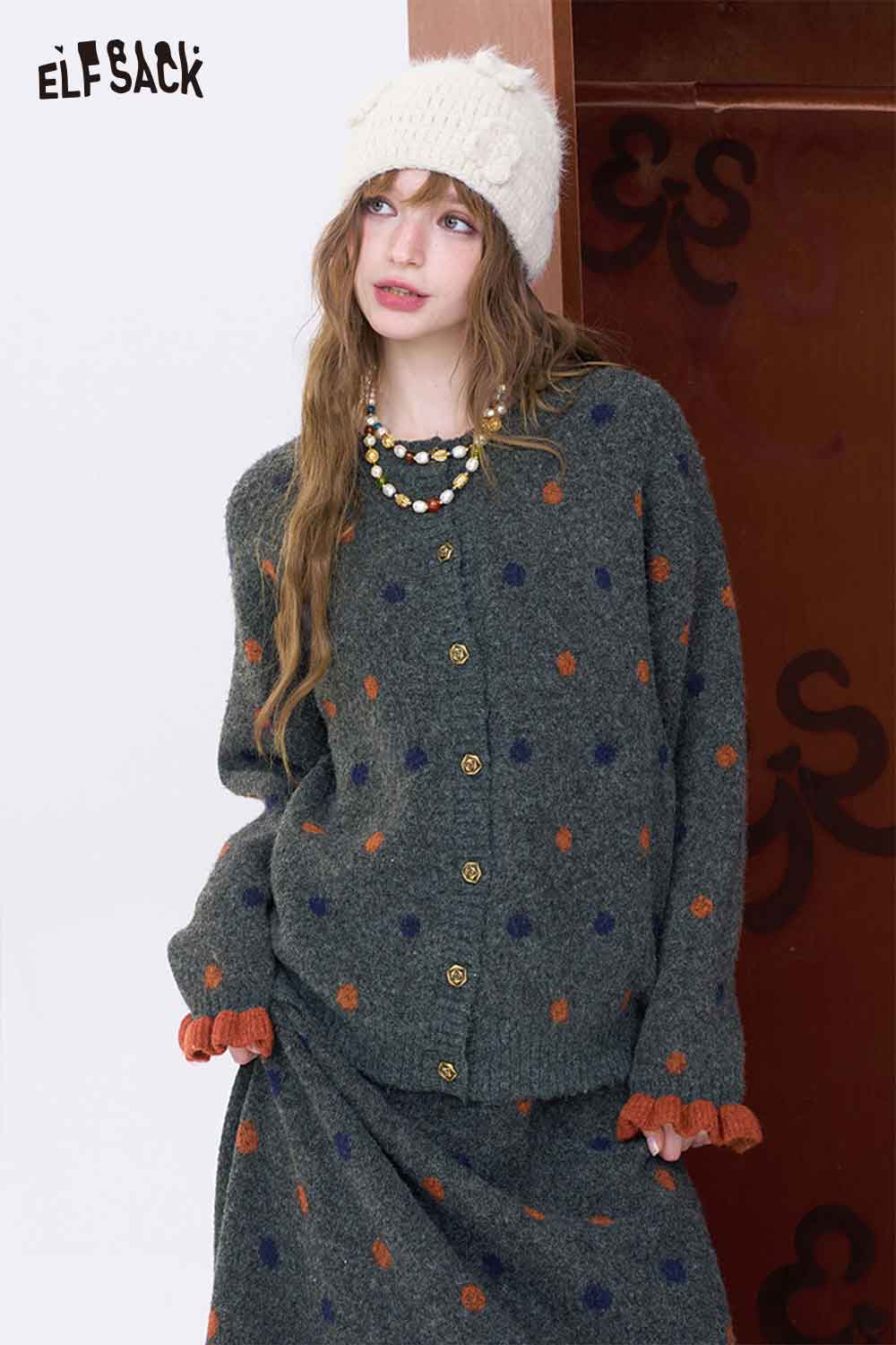 ELFSACK Polka Dot Print Single Breasted Button Round Neck Skirt Set