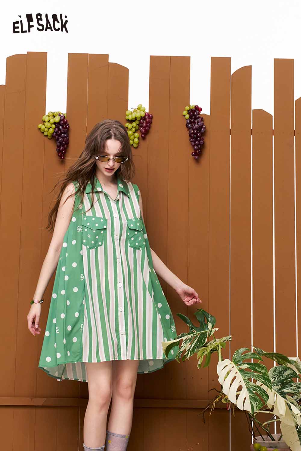 ELFSACK Polka Dot Striped Embroidered Shirt Dress