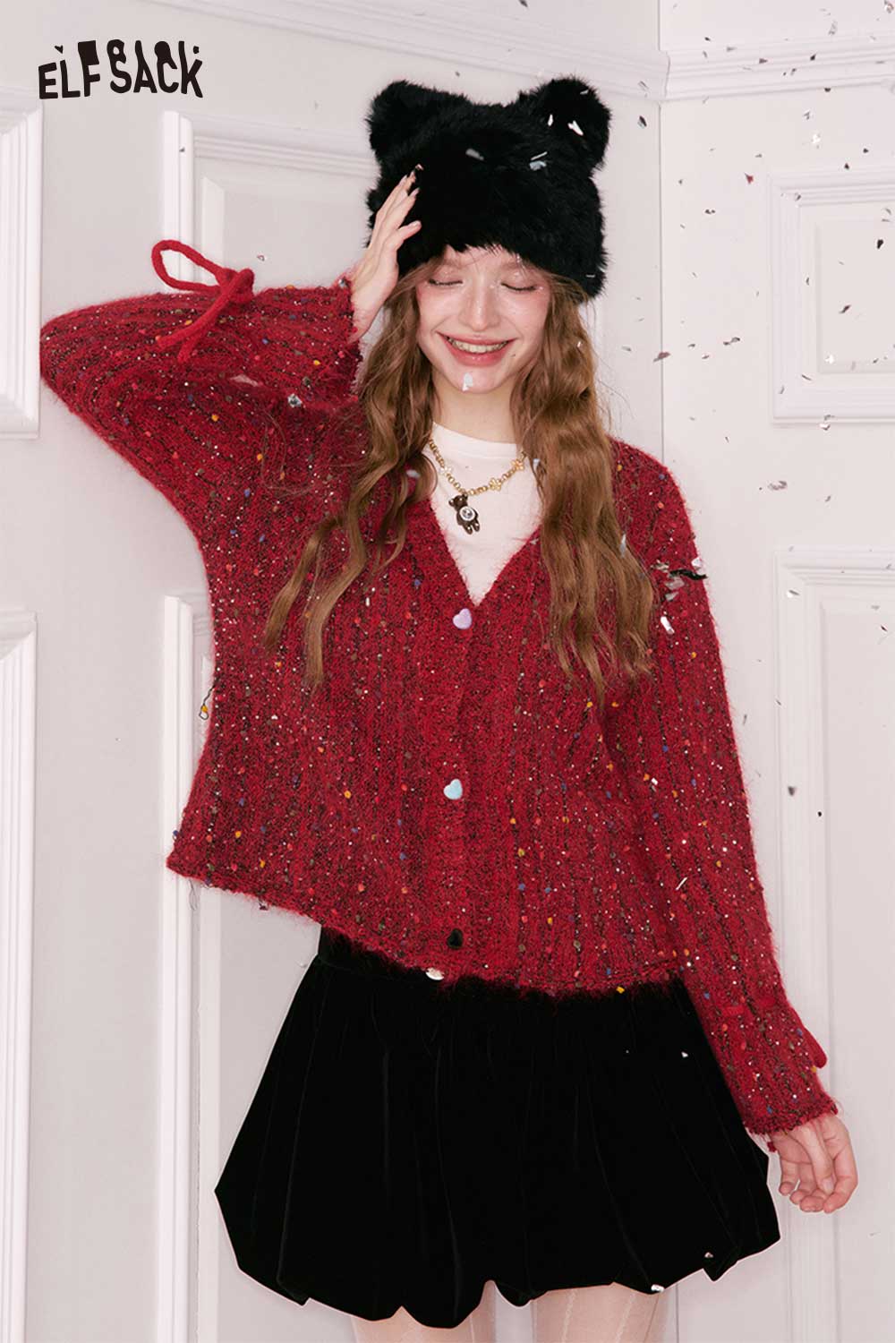 ELFSACK Cute Polka Dot V Neck Bow Drawstring Cardigan