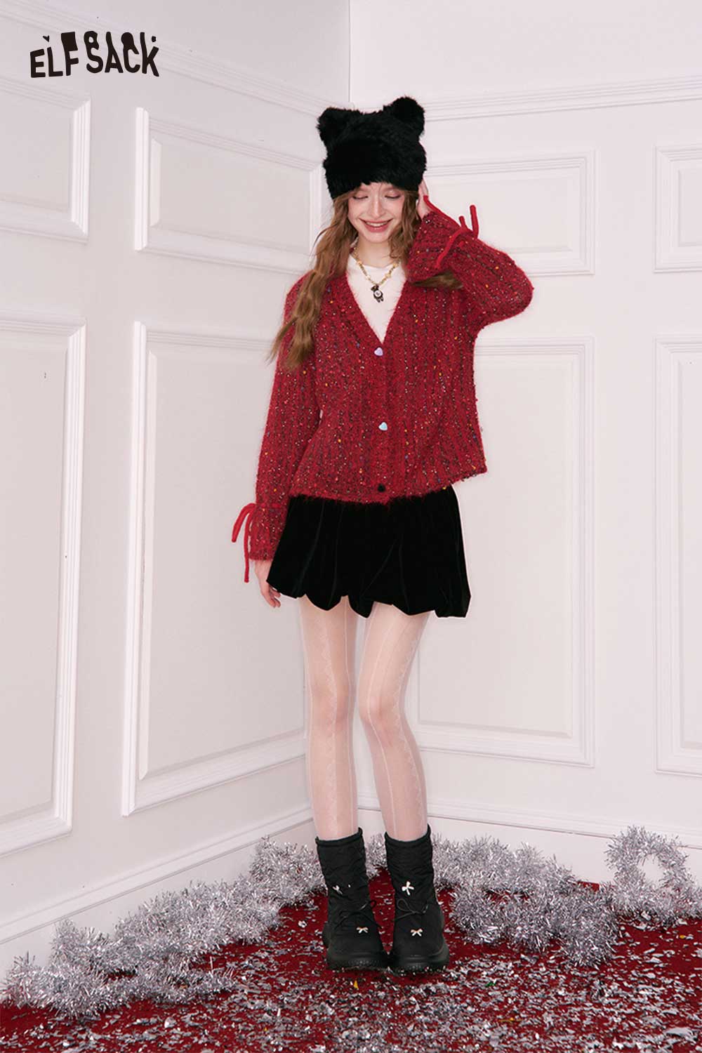 ELFSACK Cute Polka Dot V Neck Bow Drawstring Cardigan