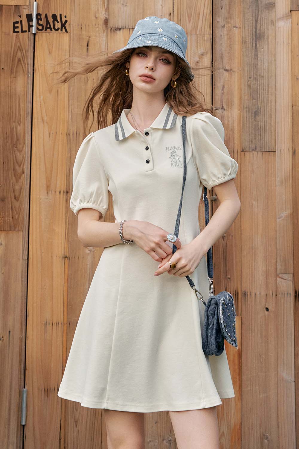 ELFSACK Polo Collar Boho Print Preppy Style Summer Casual Dress