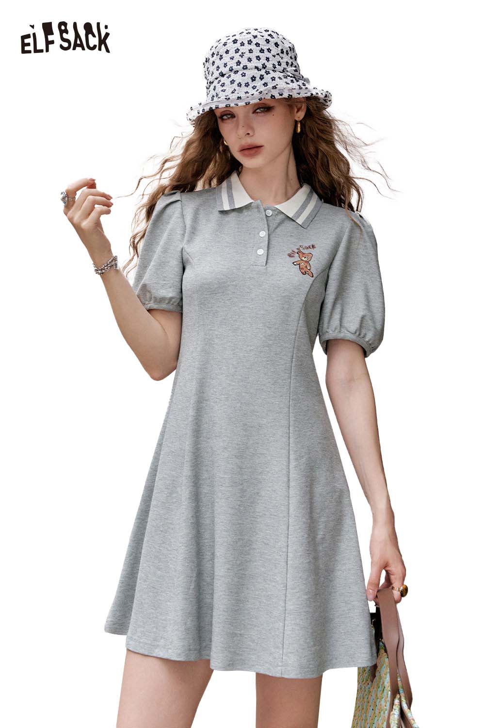 ELFSACK Polo Collar Boho Print Preppy Style Summer Casual Dress