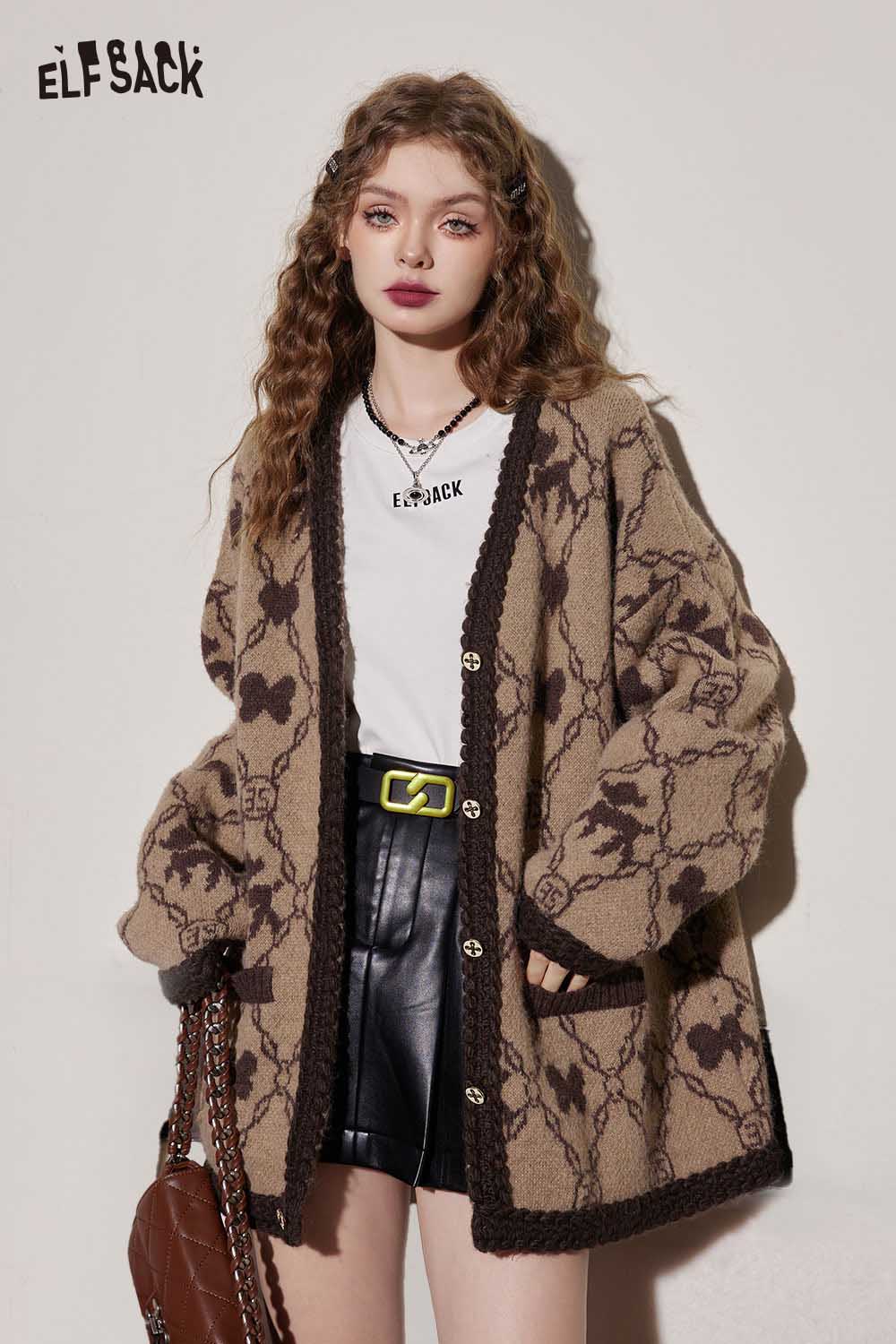 ELFSACK Premium V Neck Butterfly Print Long Sweater