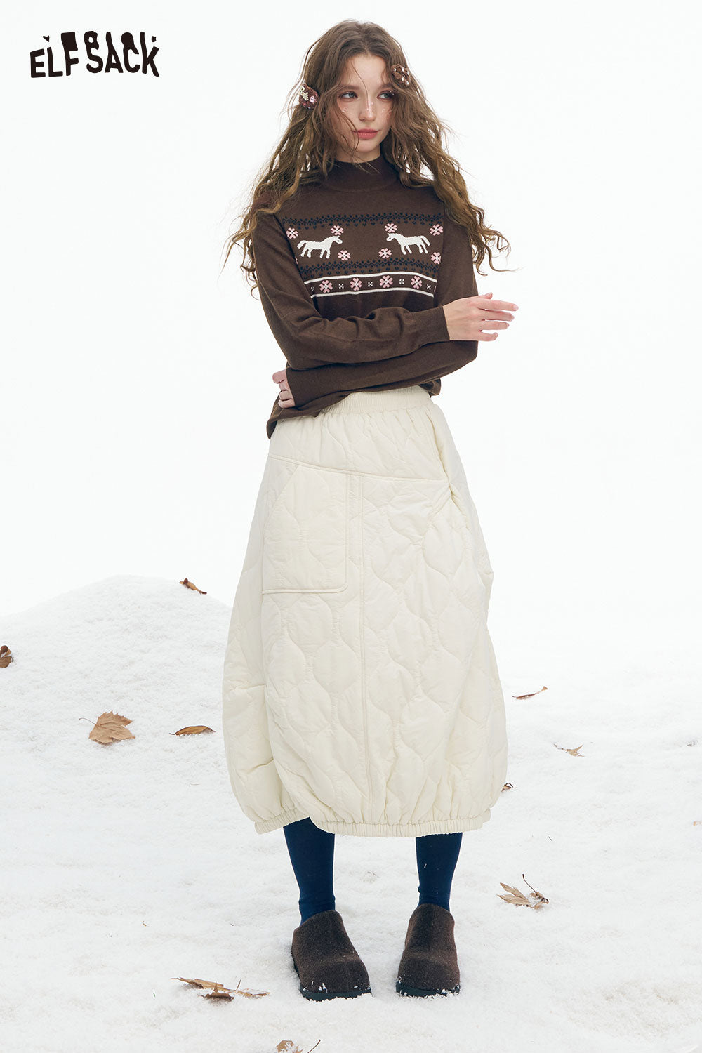 ELFSACK Soft Preppy Animal Floral Stripe Graphic Half Neck Knitwear