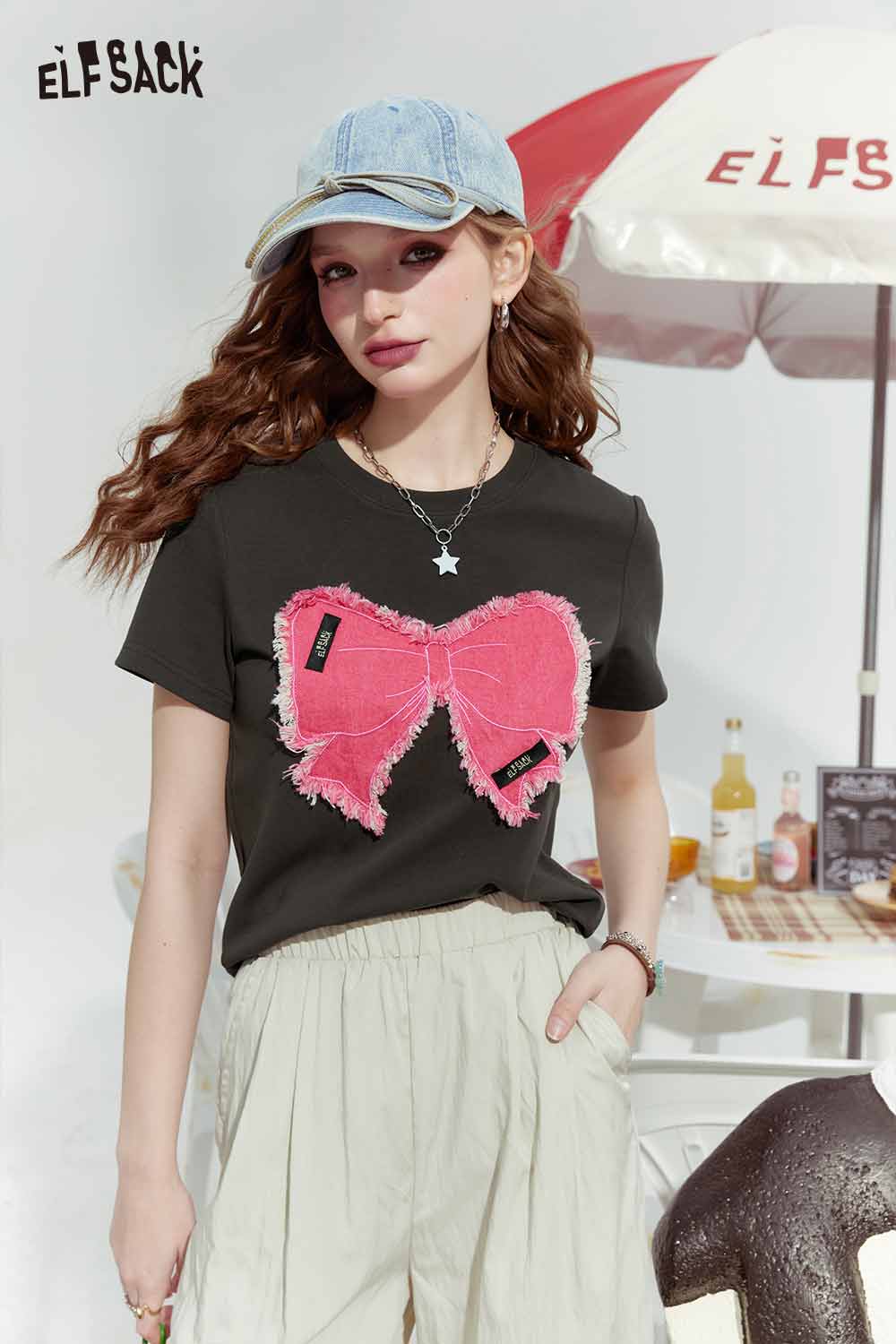 ELFSACK Preppy Bow Graphic Slim Fit Short Sleeve Tshirt