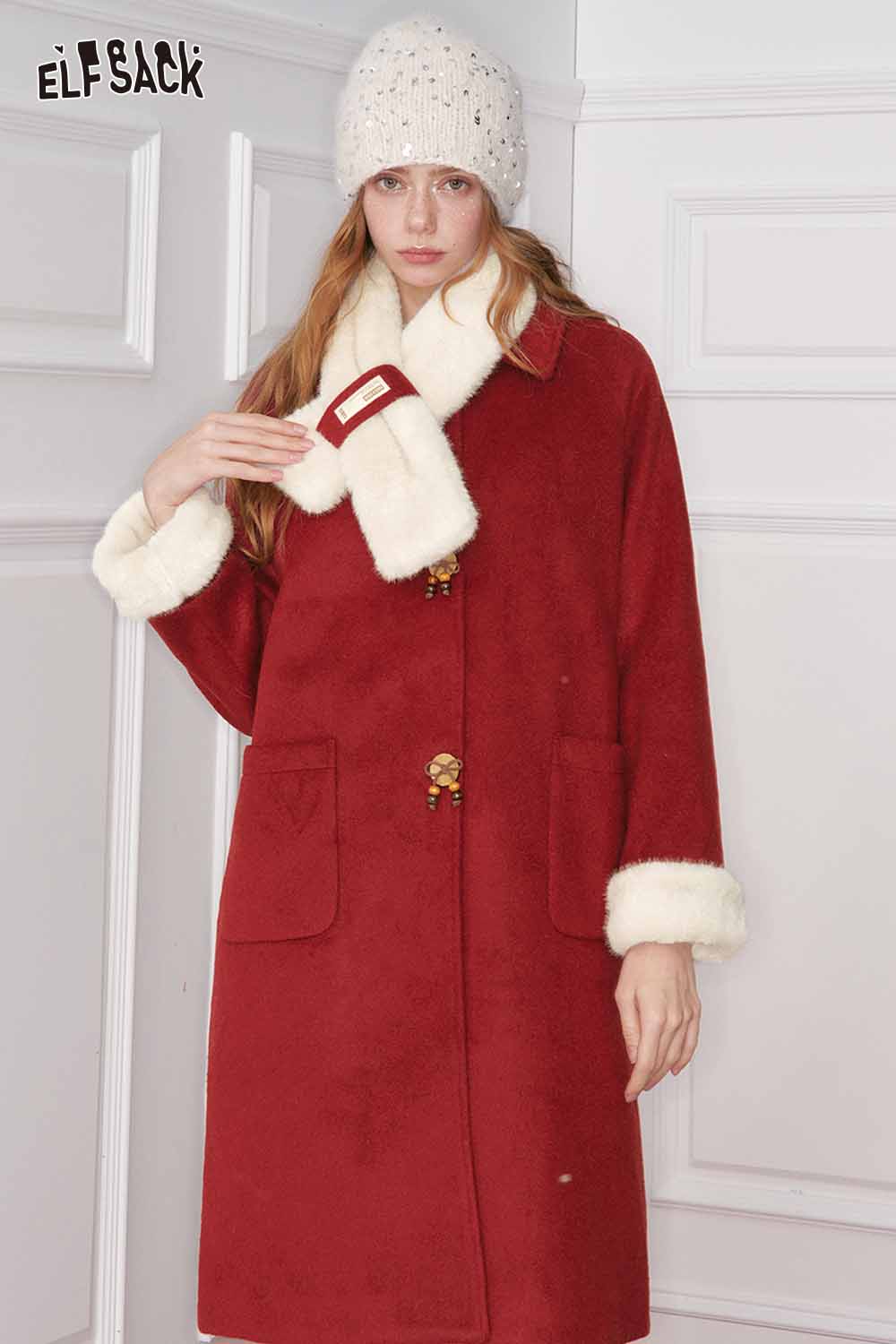 ELFSACK Preppy Bow Button Plush Turn Cuff Scarf Warm Coat