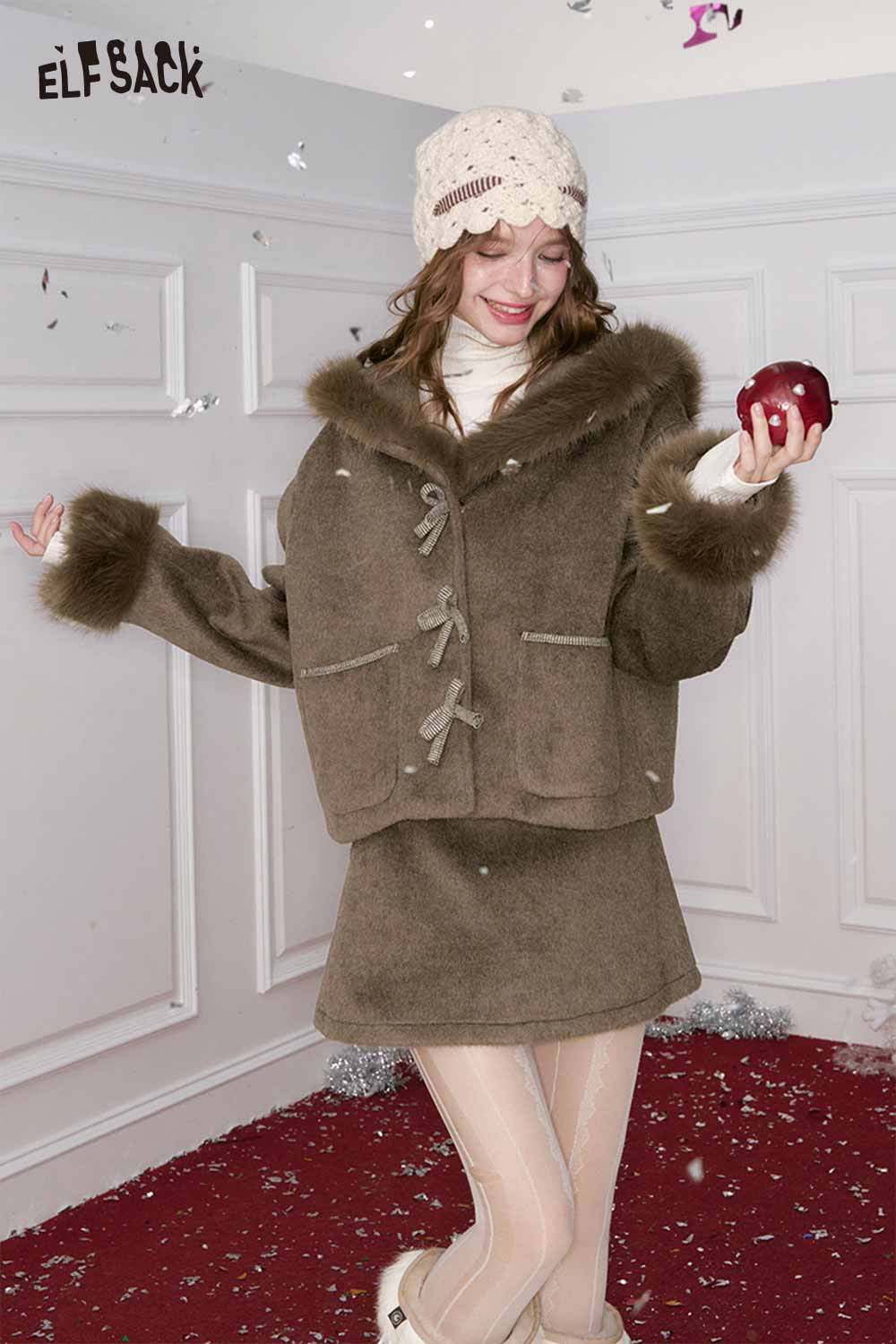 ELFSACK Preppy Sweet Bow Button Plush Jacket Short Skirt Set
