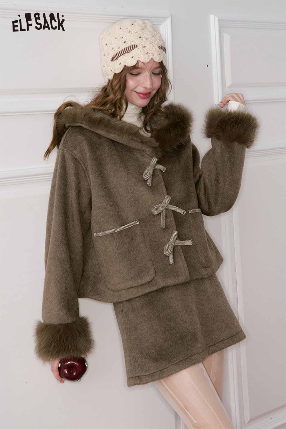 ELFSACK Preppy Sweet Bow Button Plush Jacket Short Skirt Set