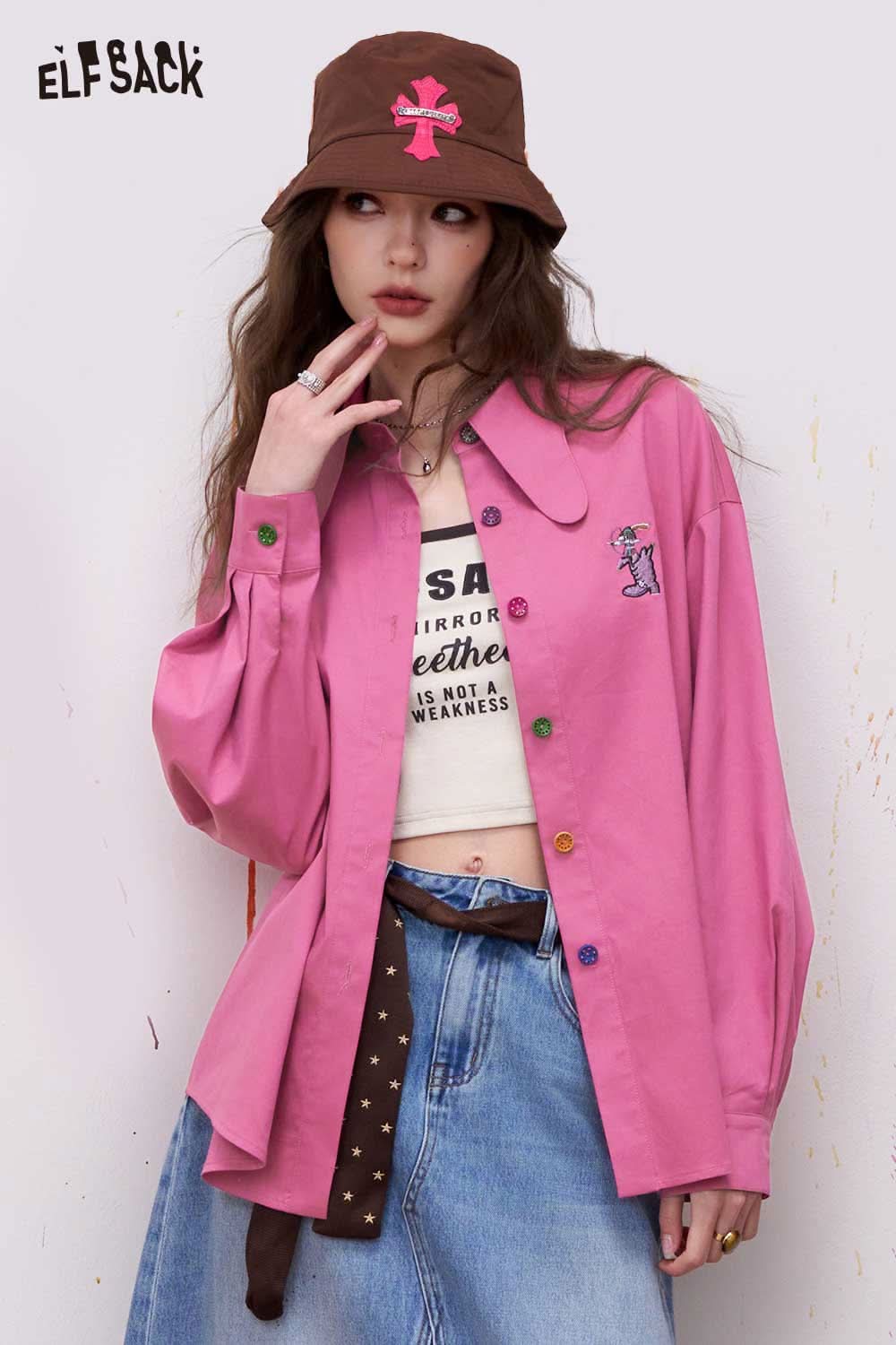 ELFSACK Preppy Button Down Shirt with 3D Embroidery