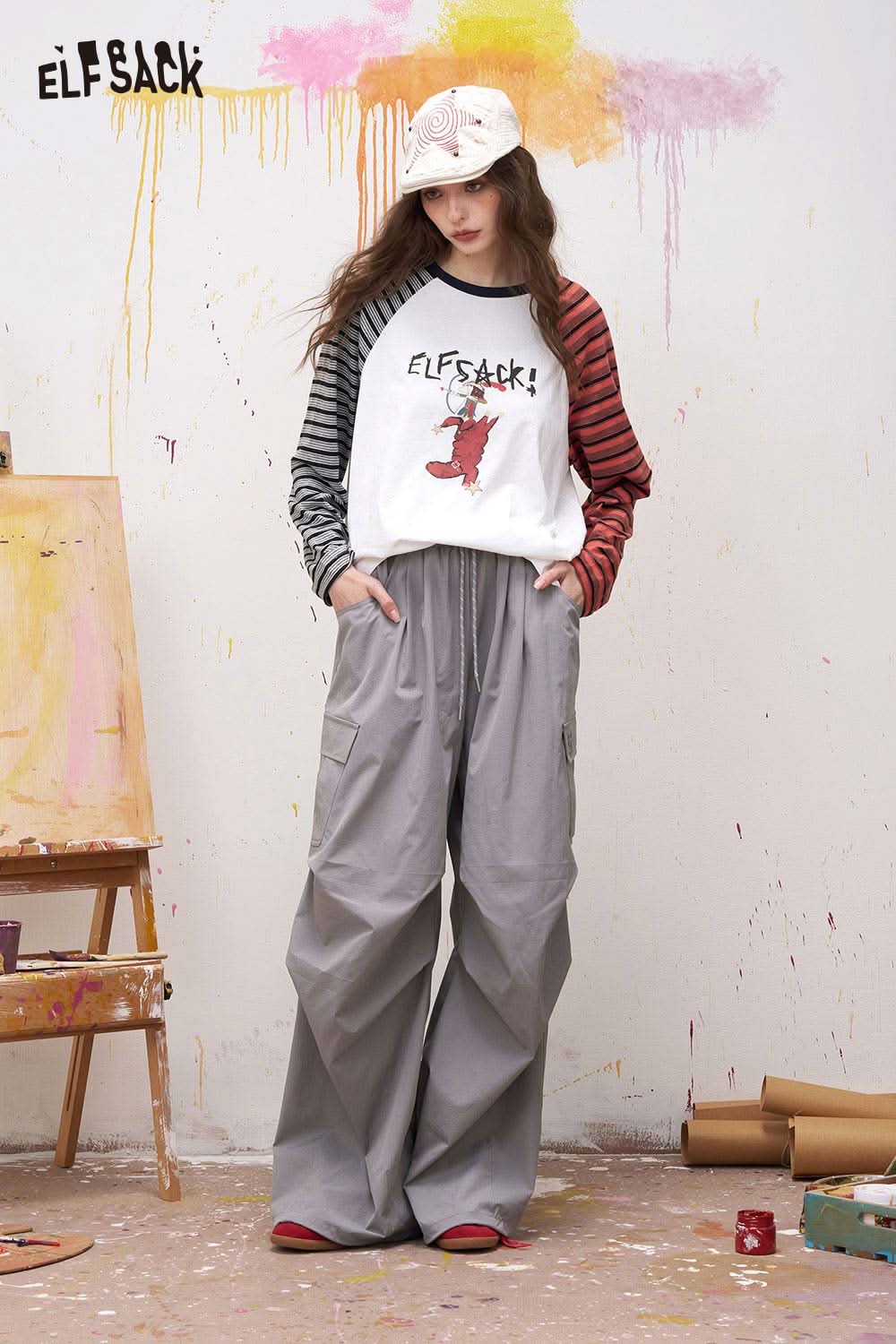 ELFSACK Preppy Colorblock Long Sleeve T Shirt