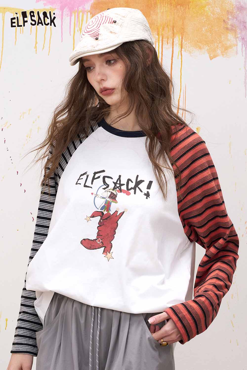 ELFSACK Preppy Colorblock Long Sleeve T Shirt