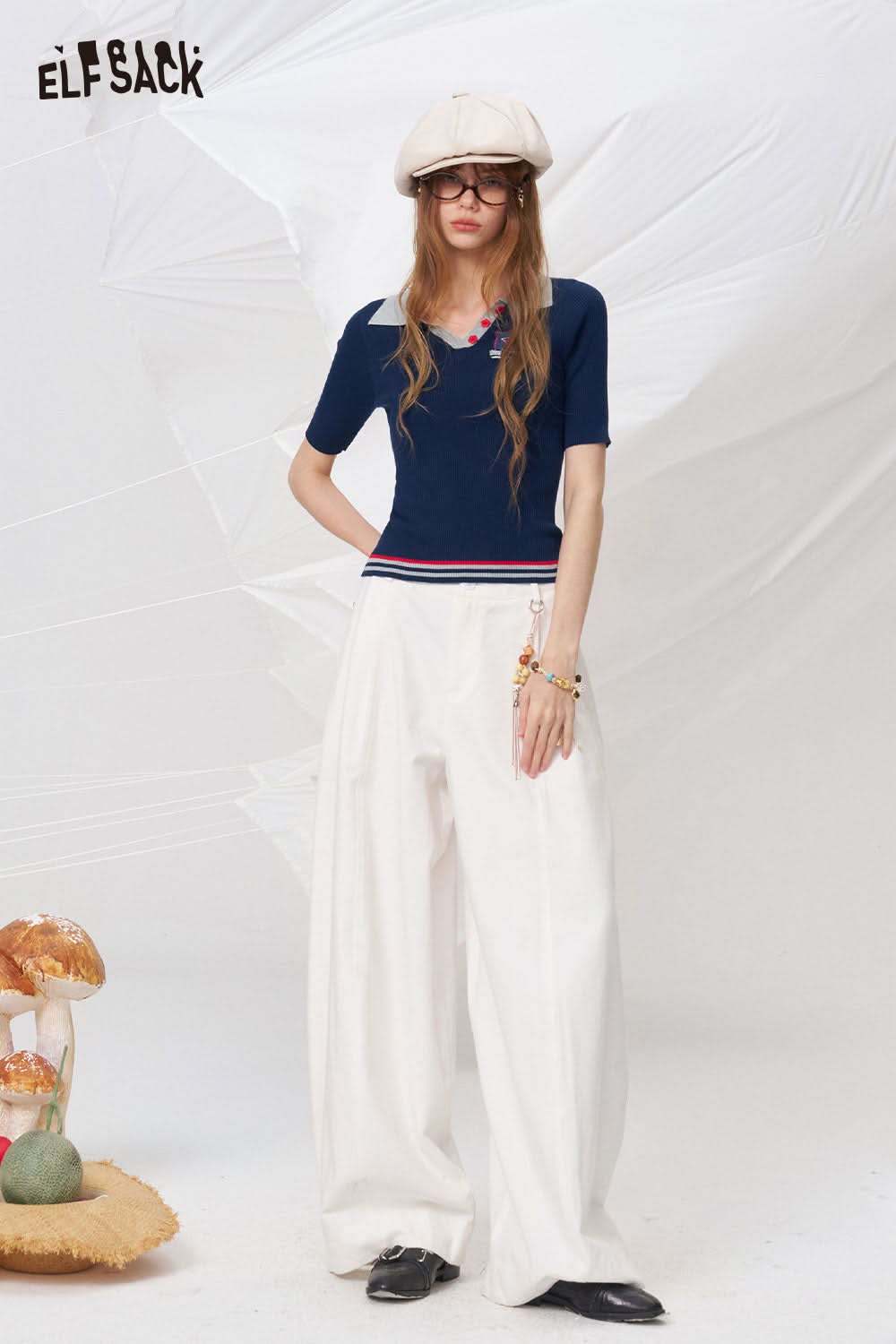 ELFSACK Preppy Contrast Collar Knit Polo Top