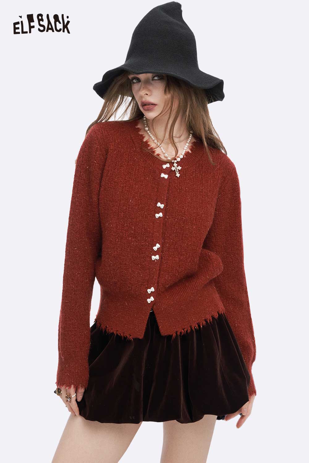 ELFSACK Soft Preppy Solid Bow Button Fringe Sweater