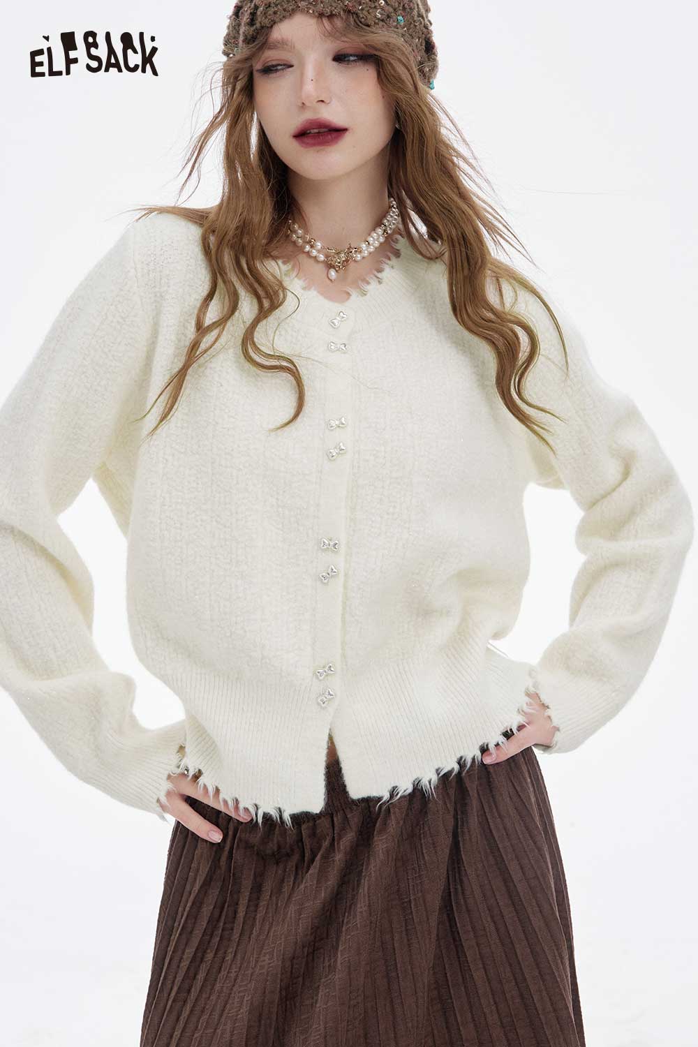 ELFSACK Soft Preppy Solid Bow Button Fringe Sweater