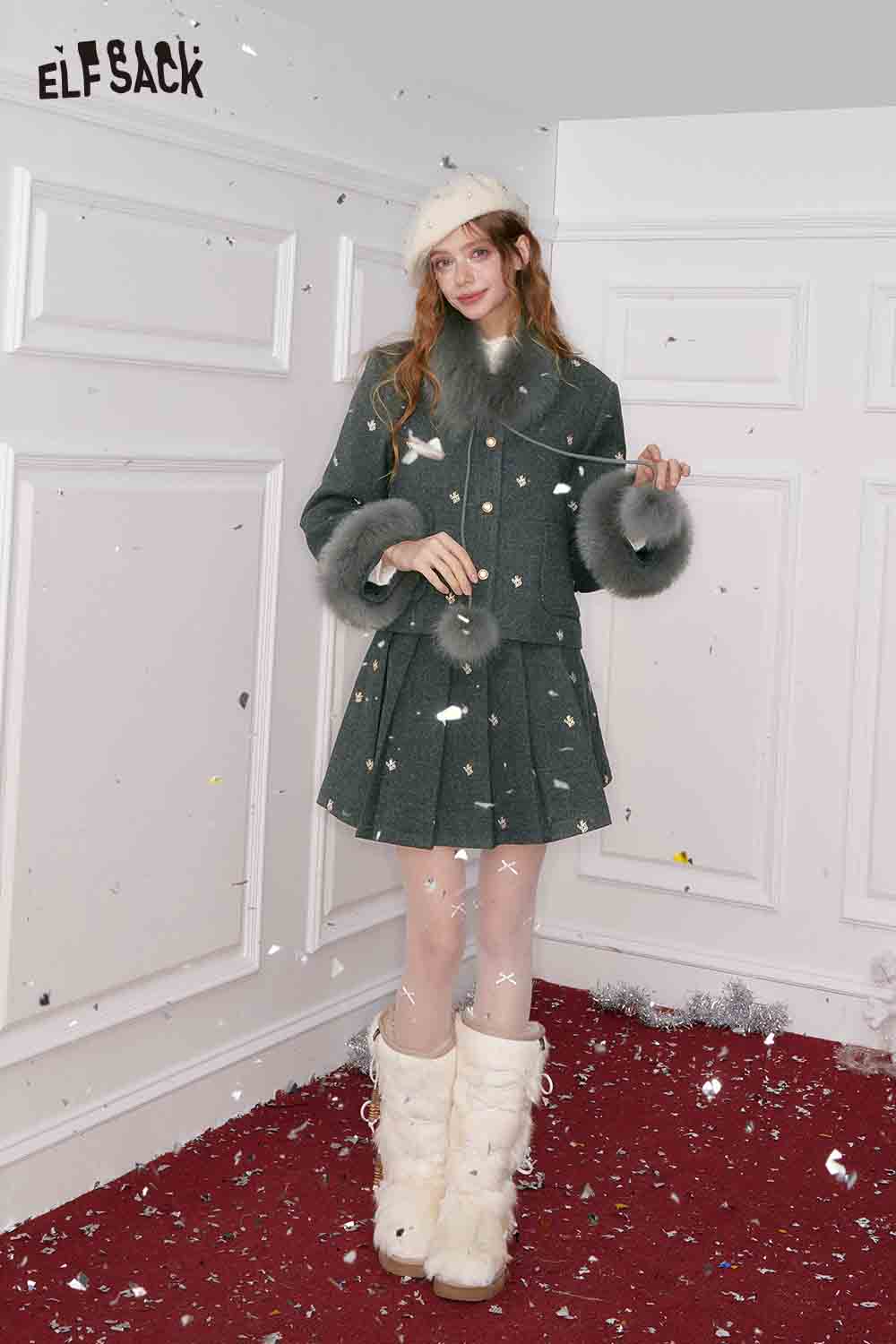ELFSACK Preppy Embroidered Plush Cuff Collar Pom Pom Jacket Skirt Set